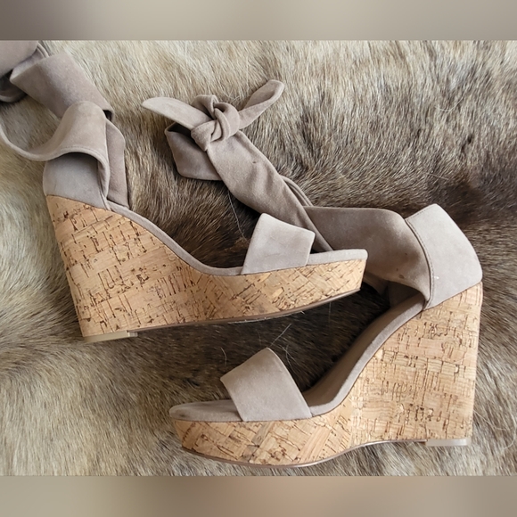 Alex+Alex Taupe Grey Suede Cork Wedge Sandals with Ankle Wrap Tie size 9 - Picture 6 of 16